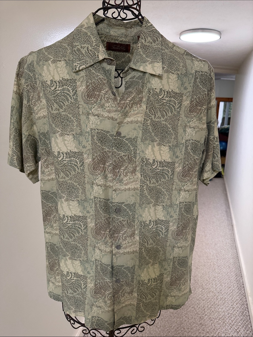 Vintage Tasso Elba Sage Green Paisley Camp-Collar Button-Front Shirt